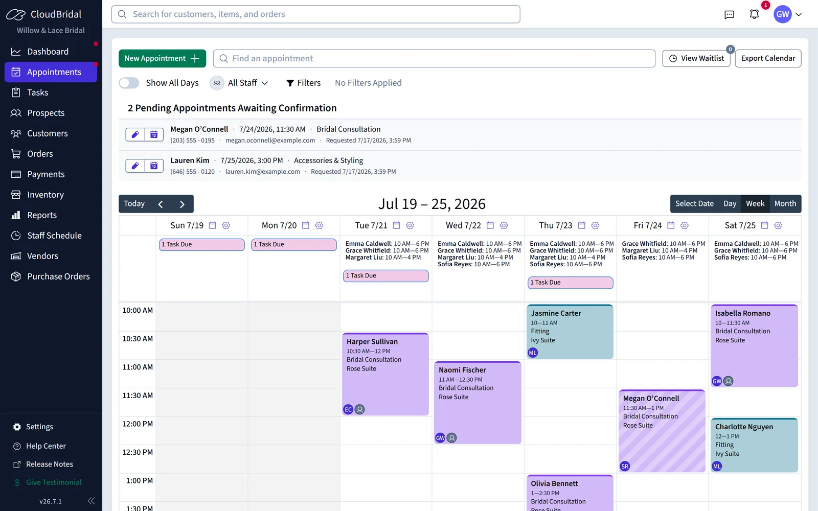 The confirmed appointment on the boutique's week calendar, color-coded across rooms and stylists