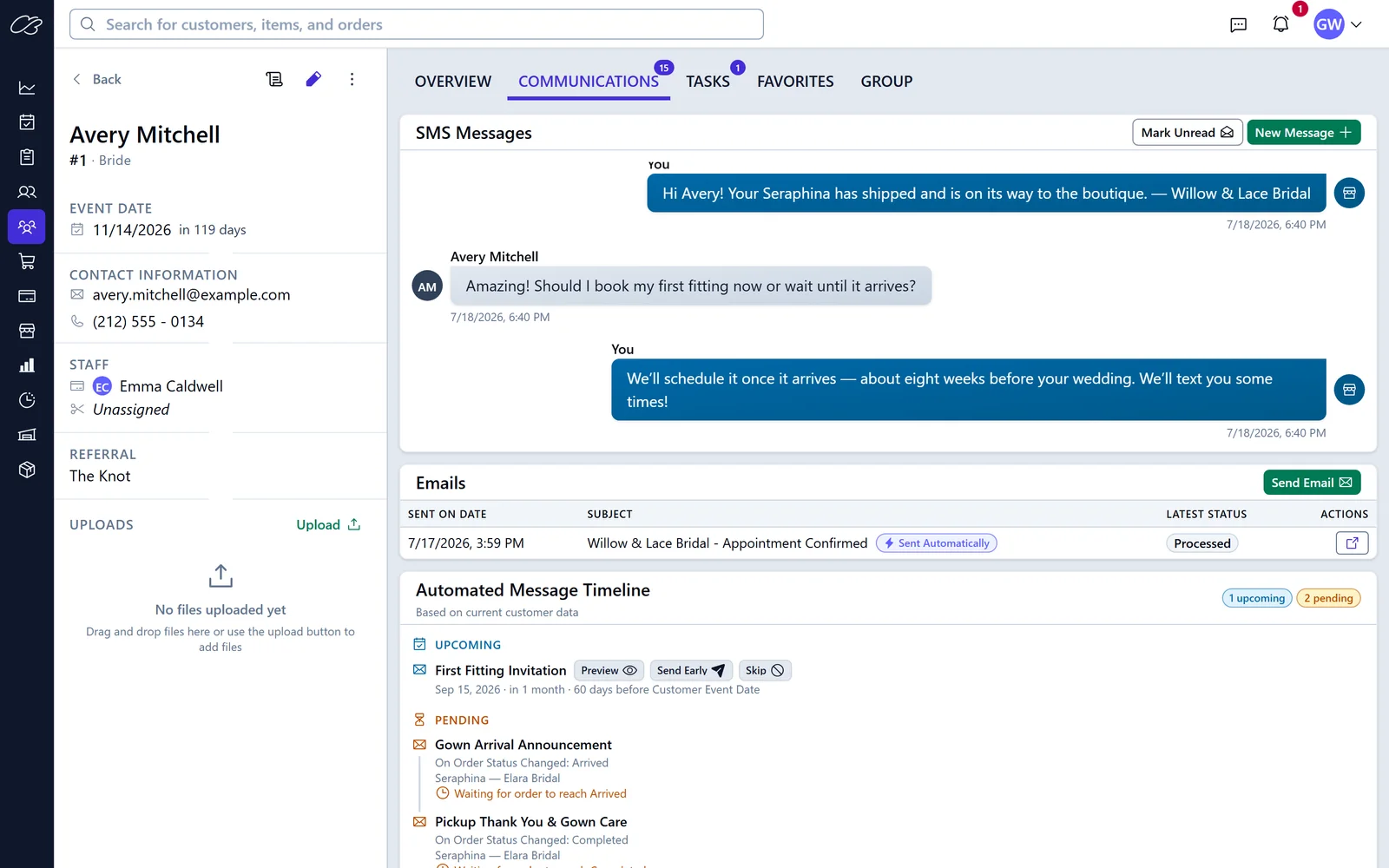 A customer's communications tab: two-way SMS thread, sent emails, and the automated message timeline