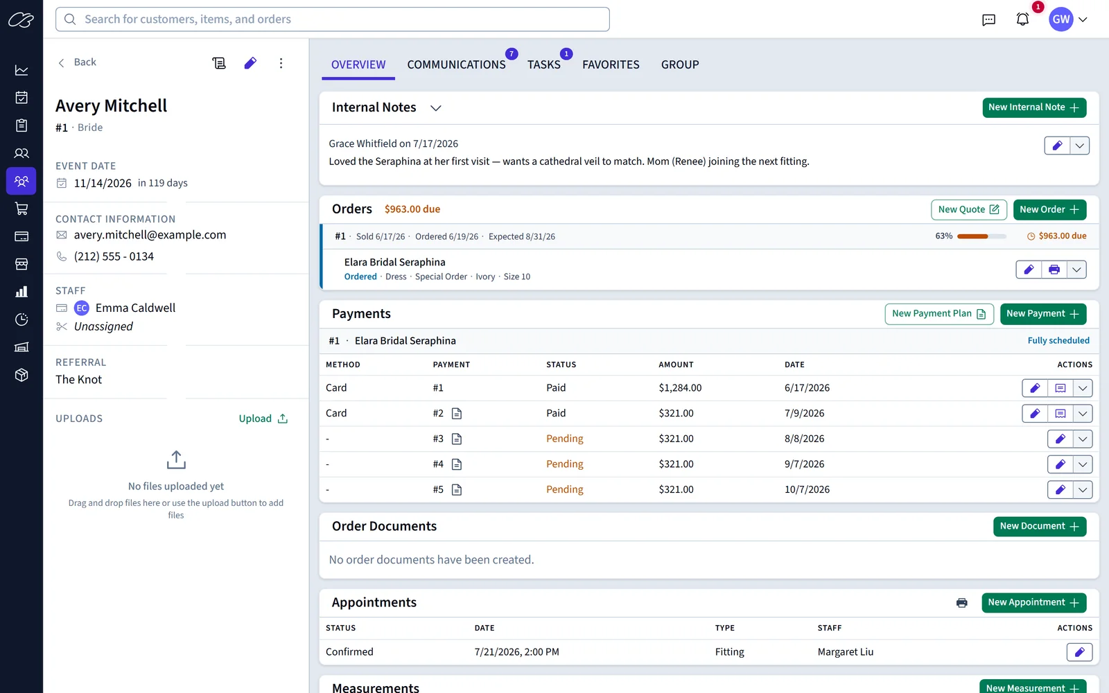 A customer profile with her order, payment plan, notes, and upcoming fitting on one screen