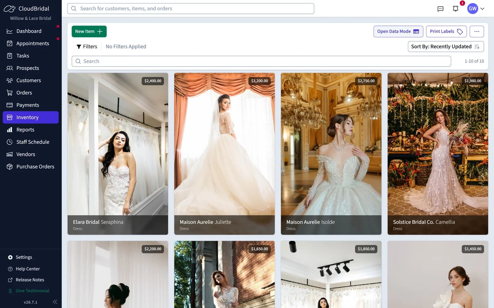 CloudBridal inventory in visual mode: a grid of wedding gowns and veils with photos, designers, and prices