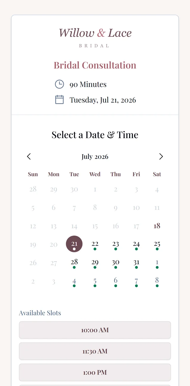 A bride booking on her phone: the branded public booking page with a date and time picker