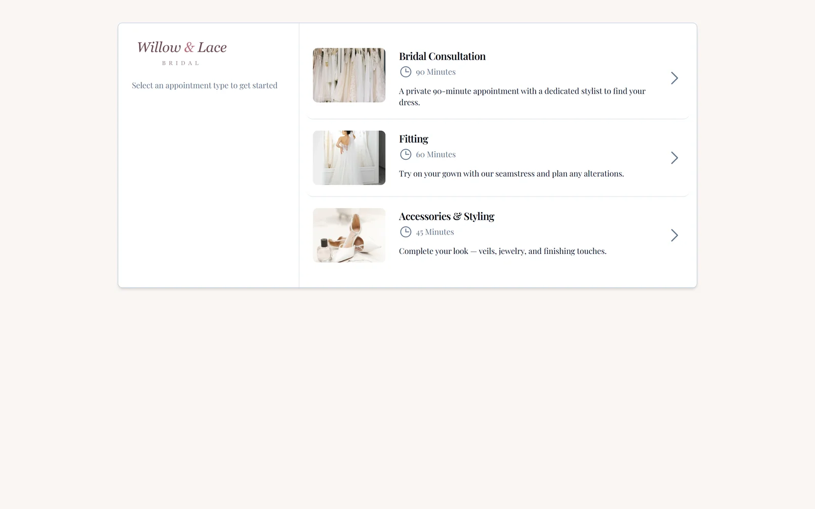 A branded public booking page with photo cards for each appointment type