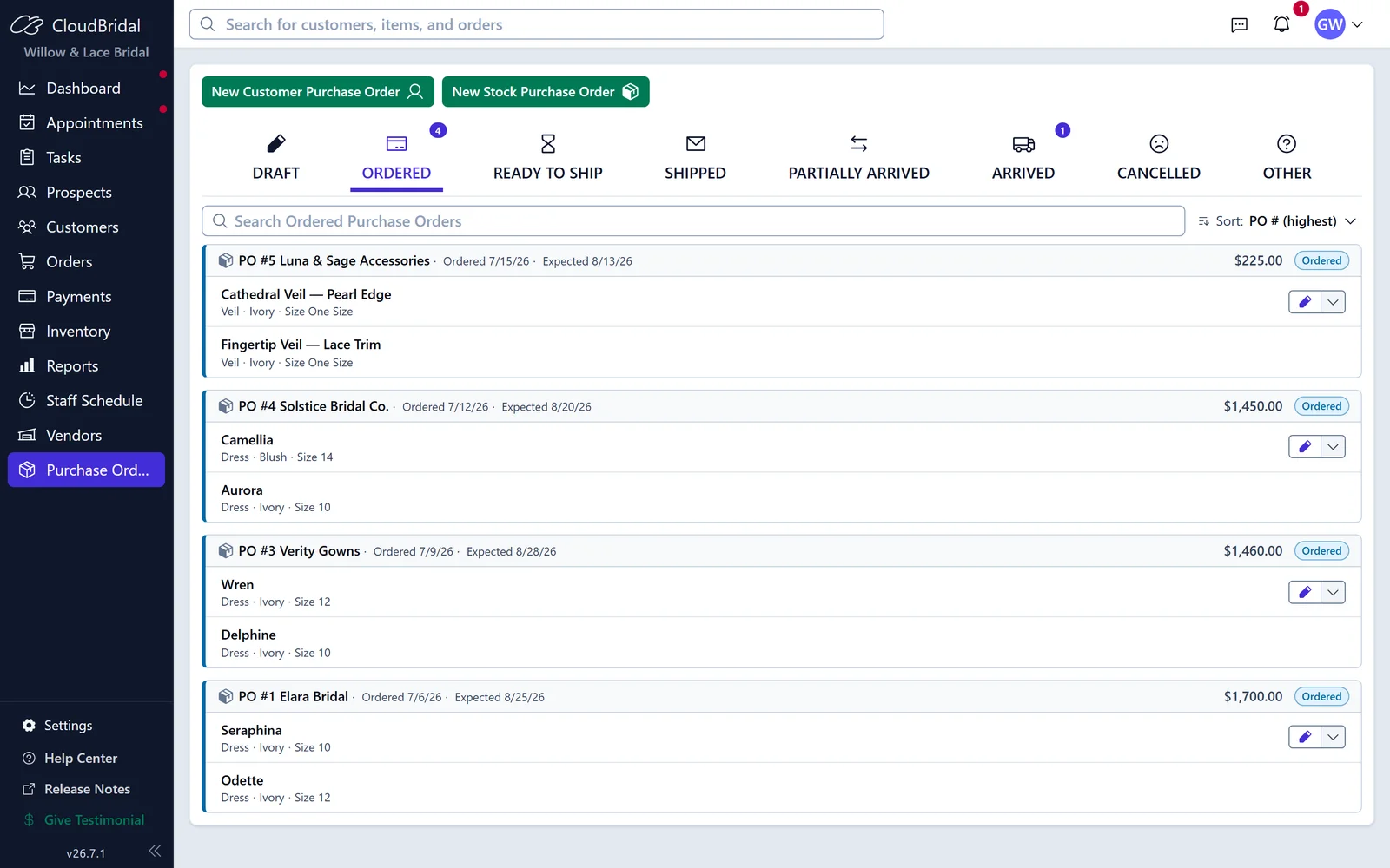 The purchase orders list tracking gowns from vendor to bride